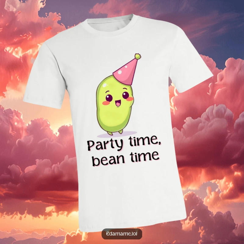 Funny t-shirt with an excited anthropomorphic edamame pod sporting a small party hat, perfect for festive occasions.