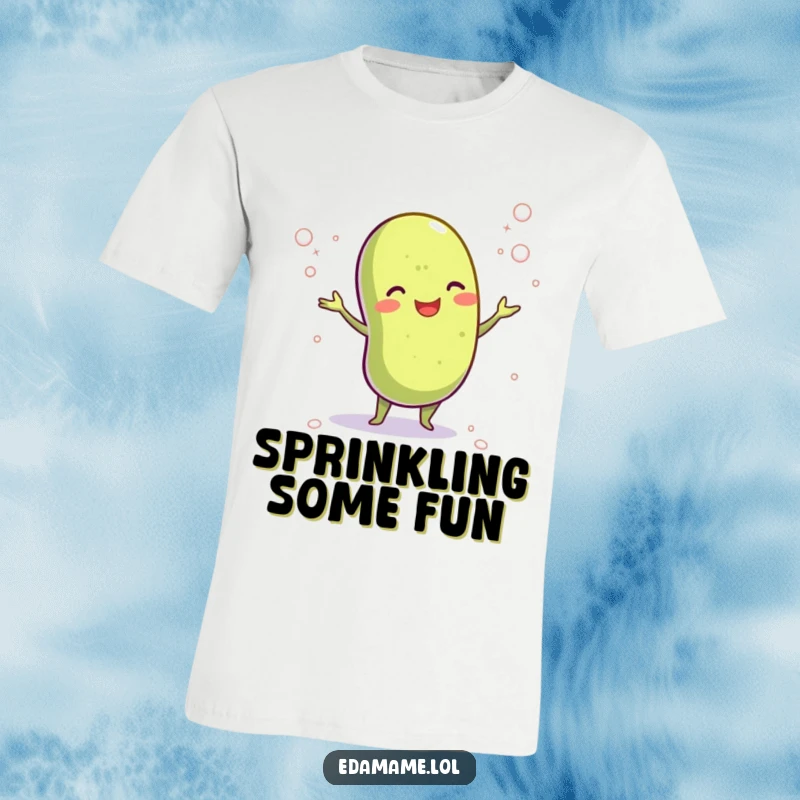 Funny t-shirt showcasing a happy edamame bean juggling delicate salt crystals, perfect for those who love bold flavors with a smile.