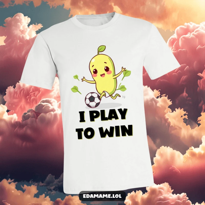 Funny t-shirt graphic of a joyful edamame bean enthusiastically kicking a small soccer ball on a field.