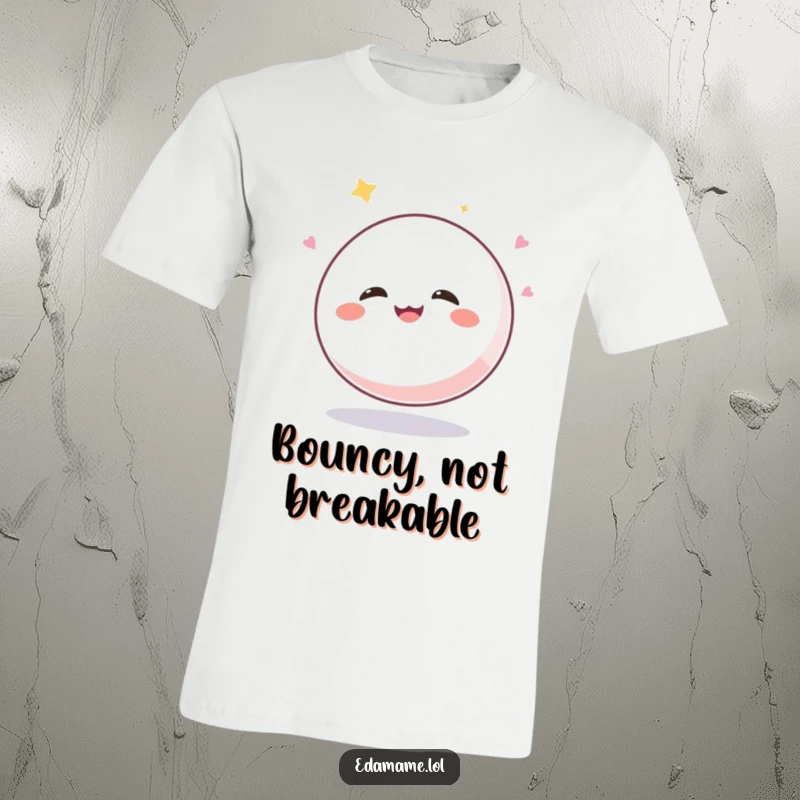 Funny Mochi Ball T-Shirt: A cute, giggling mochi ball character depicted mid-bounce, radiating pure, uncontainable glee.