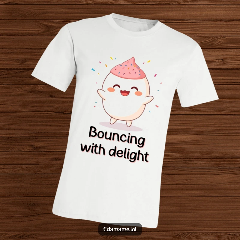 Funny T-Shirt of a giggling mochi character bouncing happily with sprinkles in the air, a joyful treat.