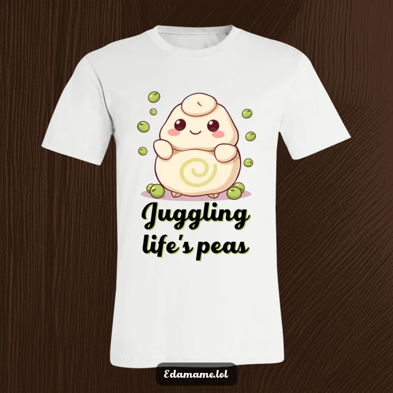 Funny t-shirt graphic of a happy dumpling with a swirl pattern, skillfully juggling tiny peas, celebrating food and playful dexterity.