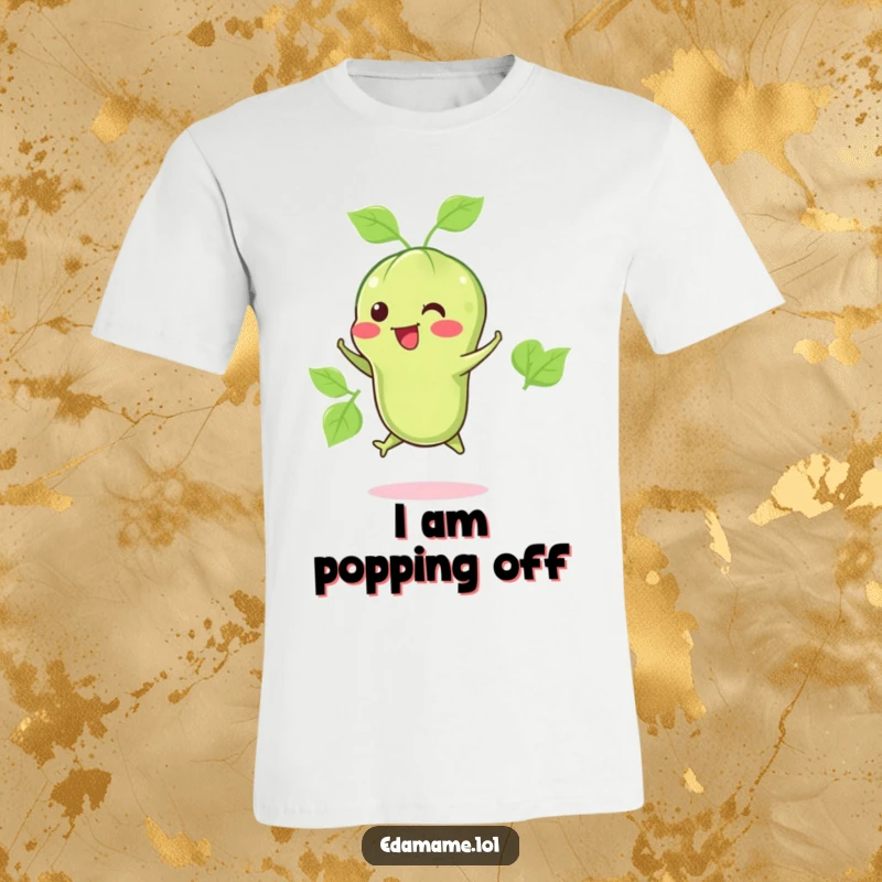 Funny t-shirt depicting a happy edamame pod mid-jump, symbolizing joy, health, and a playful love for snacks.
