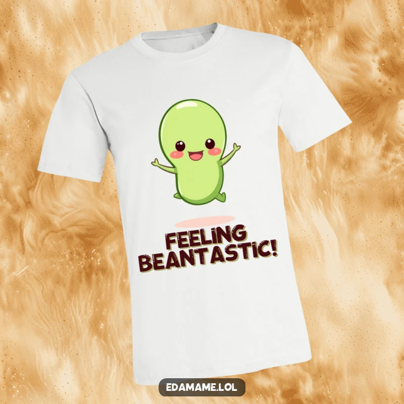 Funny happy edamame bean t-shirt, an energetic edamame leaping from its pod, fun and food-themed apparel.