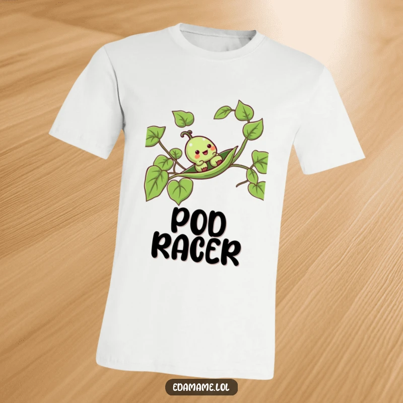 Funny pea pod t-shirt featuring a smiling anthropomorphic pod gleefully sliding down a lush green vine, showcasing whimsical fun.