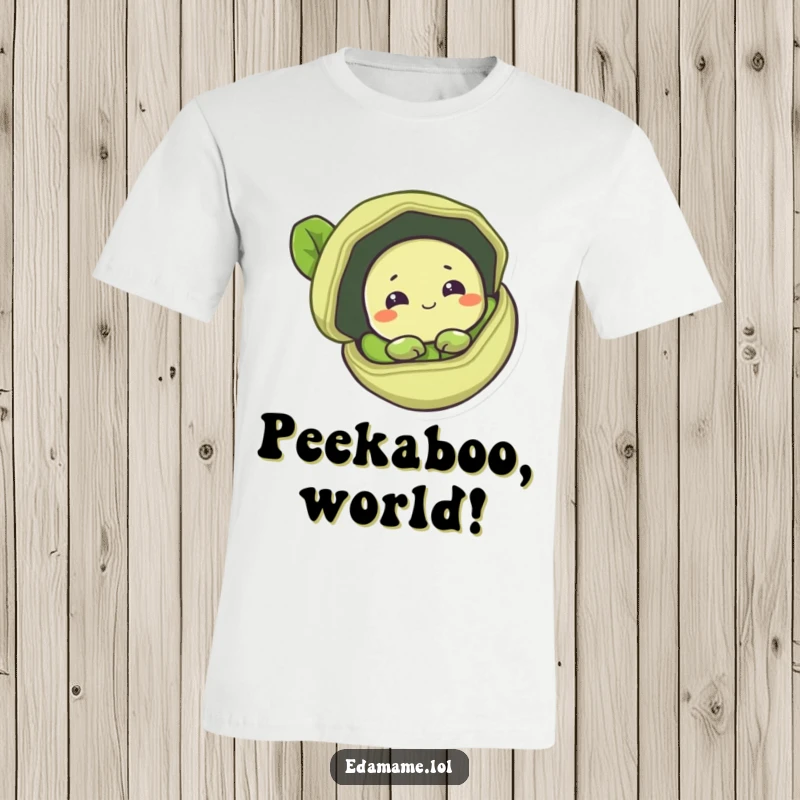 Funny t-shirt print of a bashful edamame bean peeking from an open pod, conveying gentle shyness.