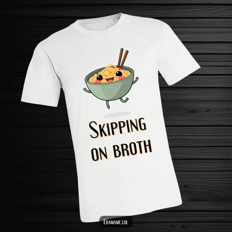 Funny t-shirt graphic of a smiling ramen bowl with legs happily skipping, celebrating a love for food and cheerful movement.