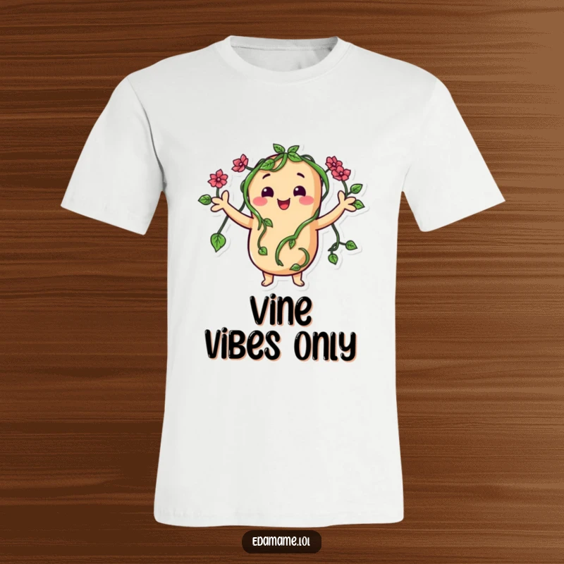 Funny t-shirt with a happy bean character sporting arms made of vines, waving a friendly hello with a big smile.