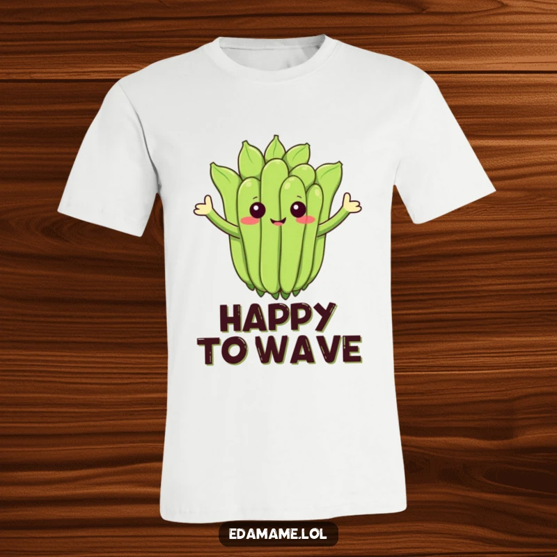 Funny t-shirt of a cheerful edamame cluster with arms waving enthusiastically, ideal for humor lovers.