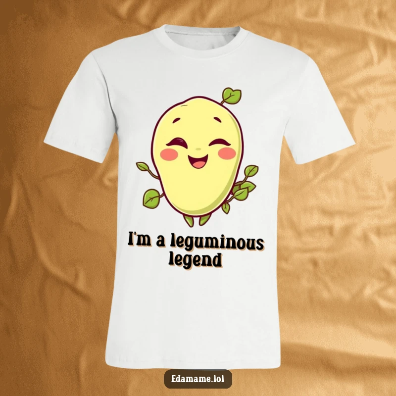 Funny t-shirt print of a jovial edamame bean giving a charming wink, perfect for casual wear.