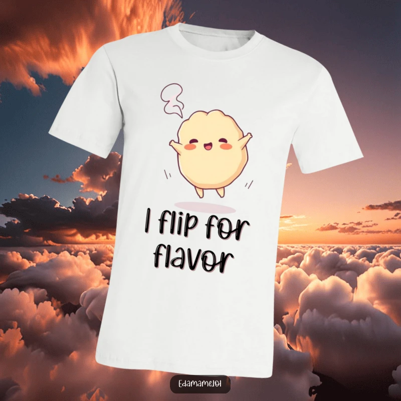 Funny t-shirt featuring a playful gyoza character performing a cartwheel, steam puffing out, capturing dynamic culinary joy.