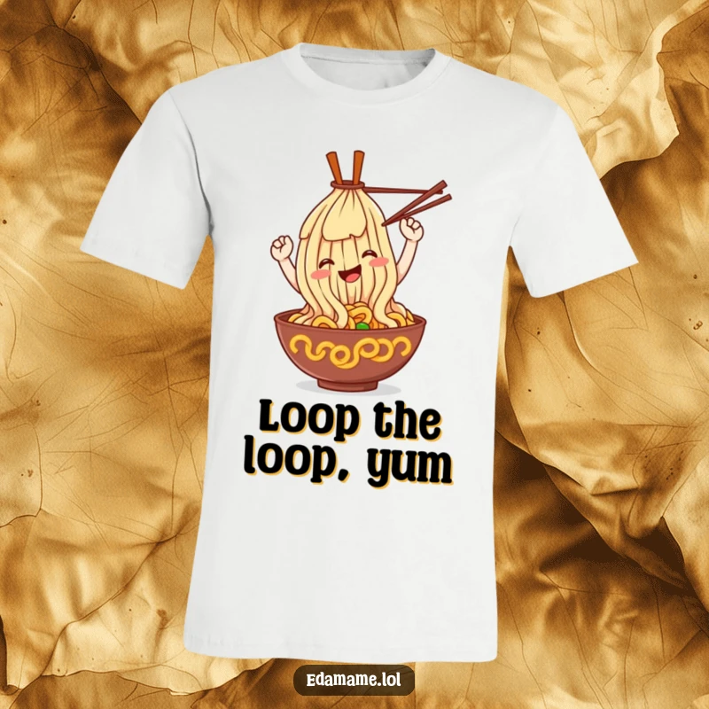 Funny ramen noodle t-shirt, a smiling noodle character doing a loop with chopsticks, humorous and food-themed apparel.