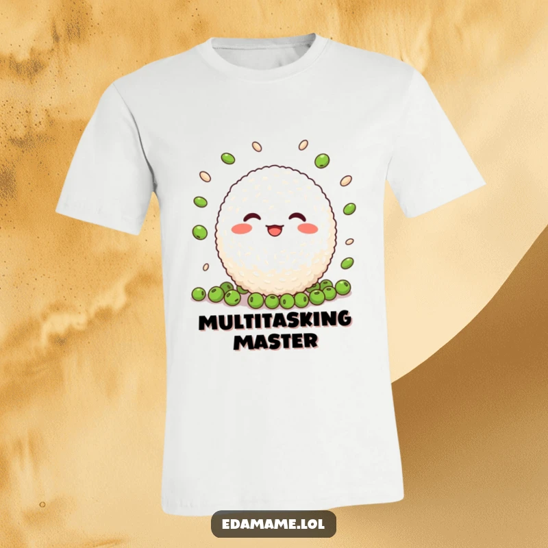 Funny Rice Ball T-Shirt: A cute rice ball character depicted juggling small peas with a joyful and energetic demeanor.