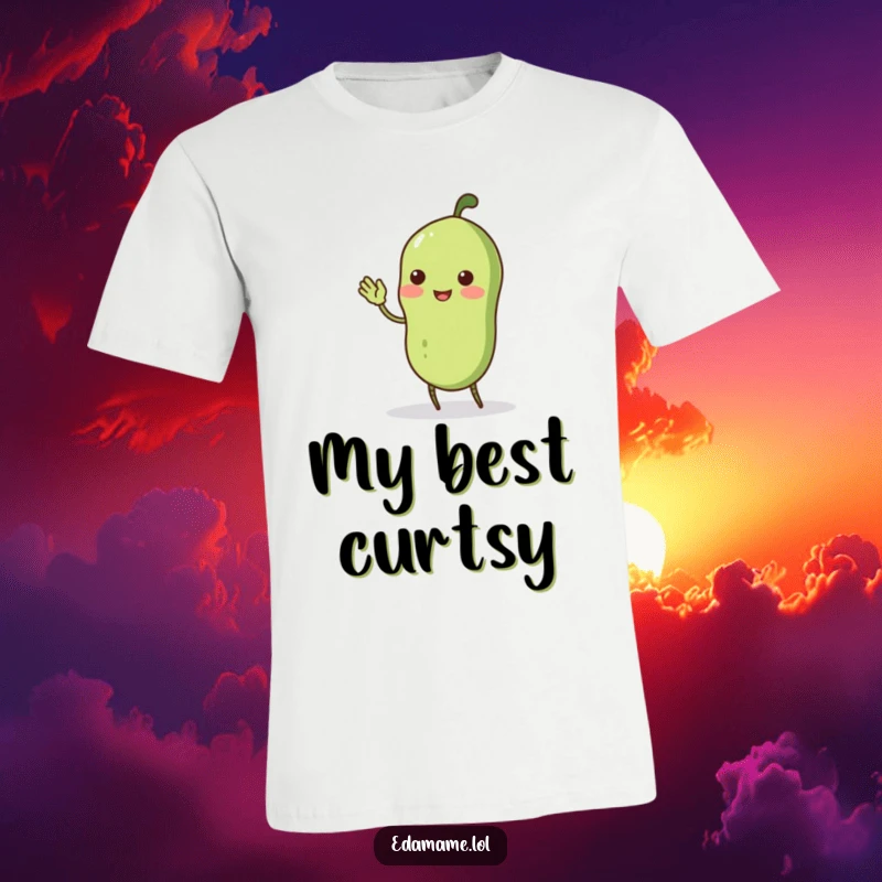 Funny wobbly edamame pod with stick legs doing a comical curtsey, printed on a funny t-shirt, perfect for showcasing playful charm.