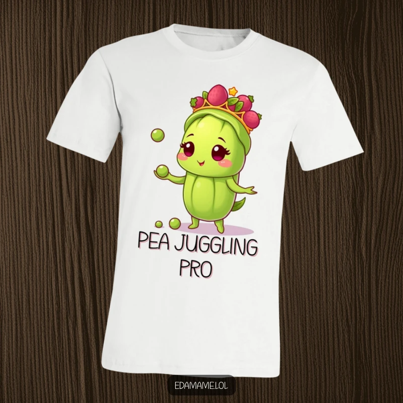 Funny t-shirt depicting an edamame pod with a berry tiara, skillfully juggling small peas, radiating playful energy and charm.
