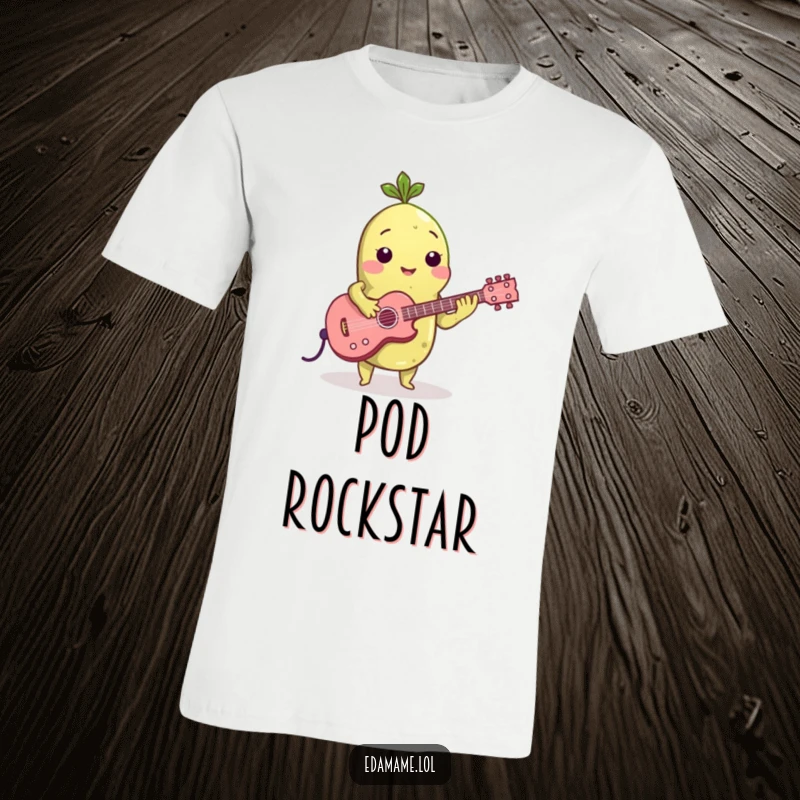 Funny t-shirt depicting a cool edamame bean playing a small guitar, exuding rockstar vibes and a love for music.