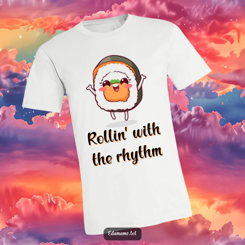 Funny t-shirt graphic of a cheerful sushi roll with a face doing a playful dance, celebrating food and joyful movement.