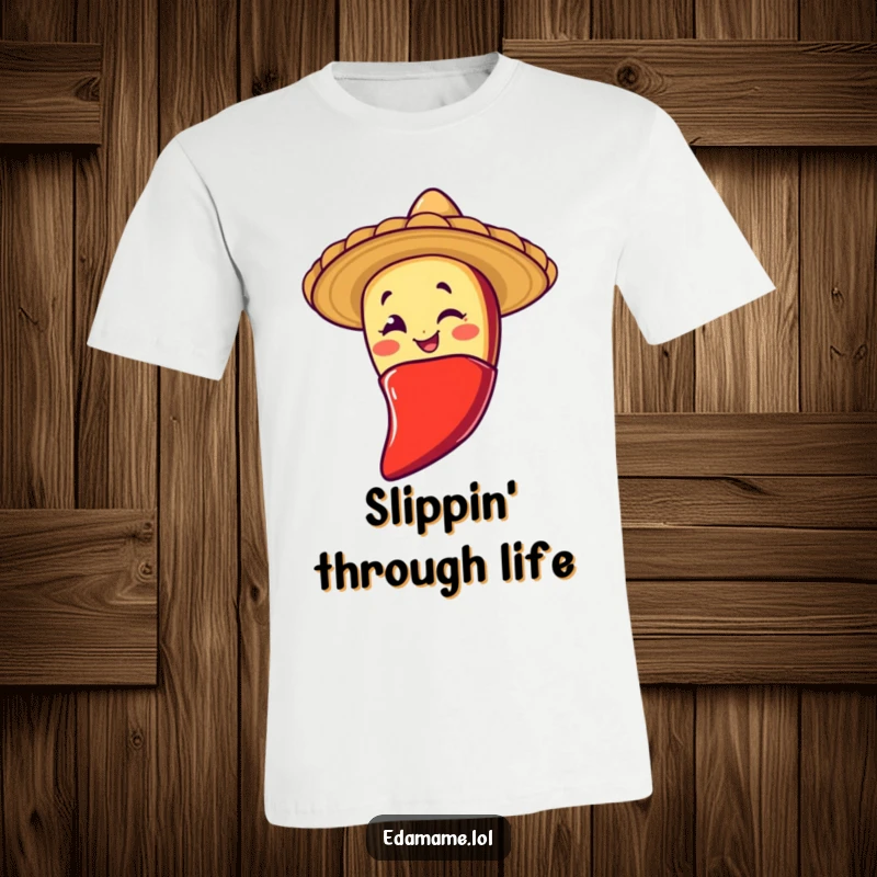Funny t-shirt graphic of a winking taco character in a sombrero sliding down a chili pepper, celebrating bold flavors and adventurous fun.