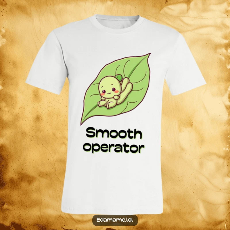 Funny t-shirt showing a cute edamame character enjoying a slide down a vibrant leaf, capturing playful, carefree joy.
