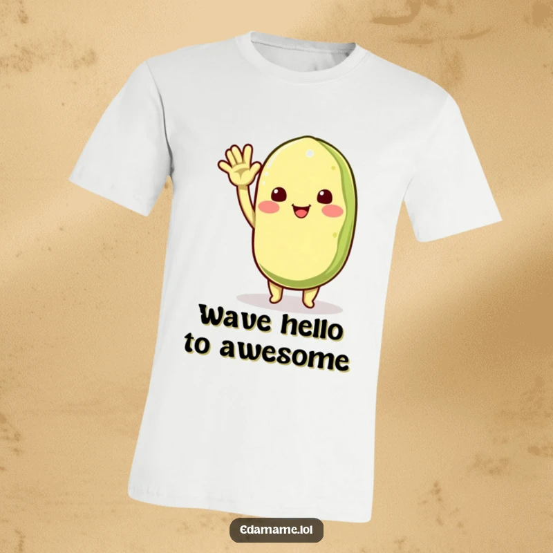 Funny t-shirt with a smiling edamame pod character waving energetically, perfect for spreading cheer and a happy greeting.