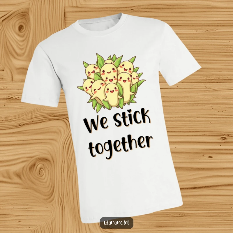 Funny t-shirt featuring a group of happy edamame beans in a close, cheerful huddle, radiating warmth and friendship.