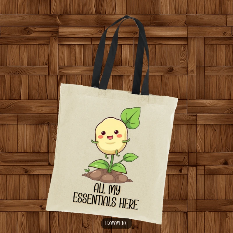 Funny pod hopping tote bag featuring a happy plant character with tiny legs, hopping merrily on a plant.