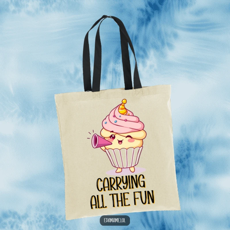 Funny Cupcake Tote Bag featuring a joyful character blowing a party horn, perfect for errands and as a funny gift.
