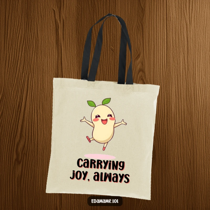 Funny tote bag showcasing an edamame bean capturing the spirit of movement with a joyful cartwheel.