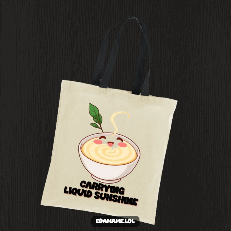 Funny tote bag featuring a gleeful dashi broth character swirling in a bowl, perfect for carrying groceries with a side of delicious flair.