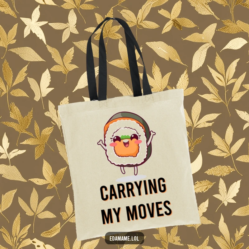 Funny tote bag featuring a cheerful sushi roll with a face dancing, perfect for carrying essentials with a side of playful sushi spirit.