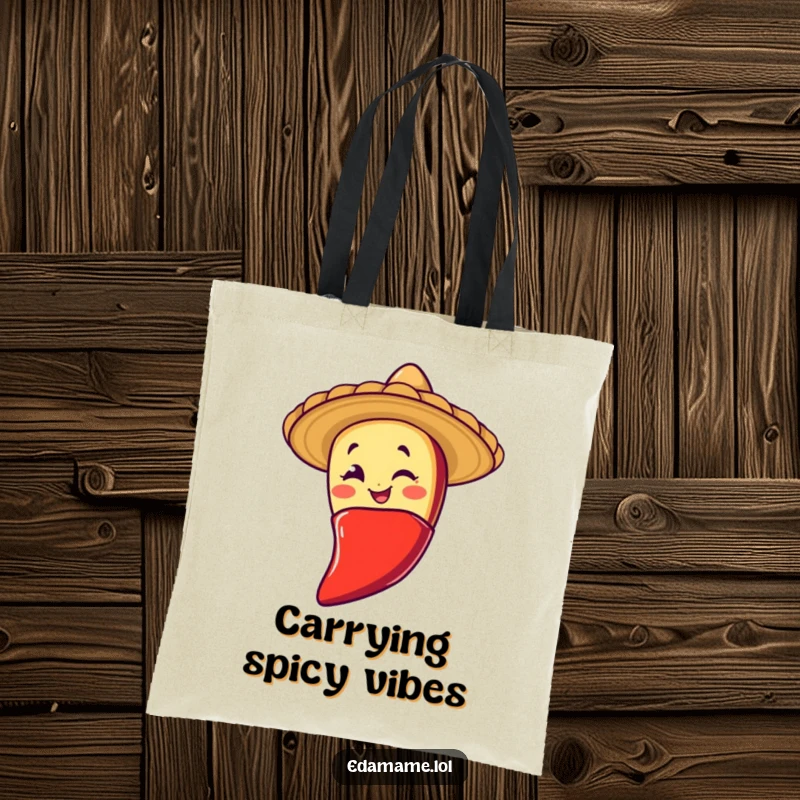 Funny tote bag featuring a winking taco character sliding down a chili pepper, perfect for carrying essentials with a spicy, festive flair.