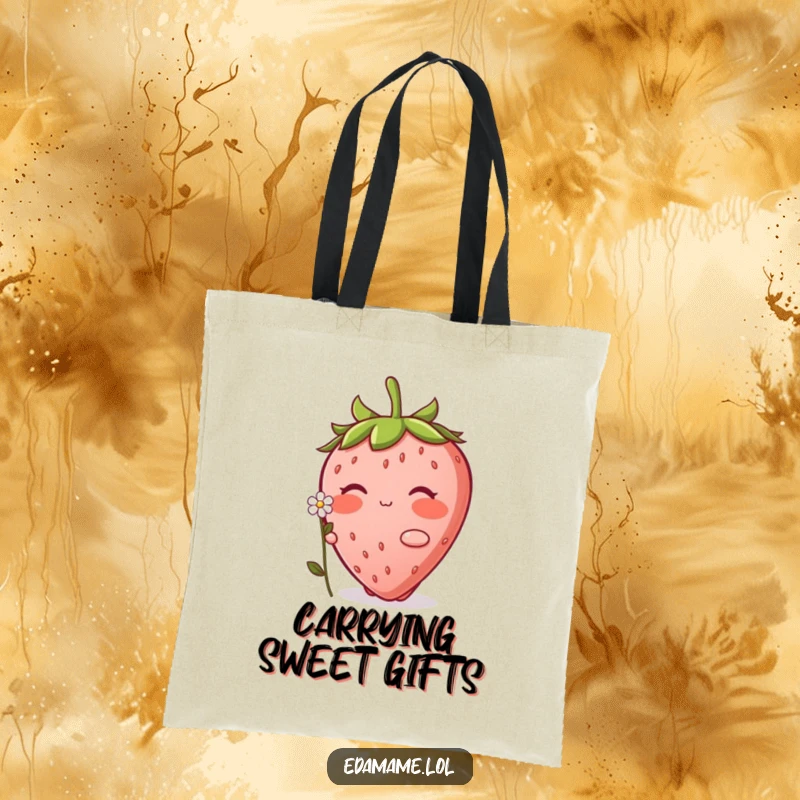 Funny Strawberry Tote Bag: A charming tote bag showcasing a blushing strawberry character offering a small flower, perfect for daily use.