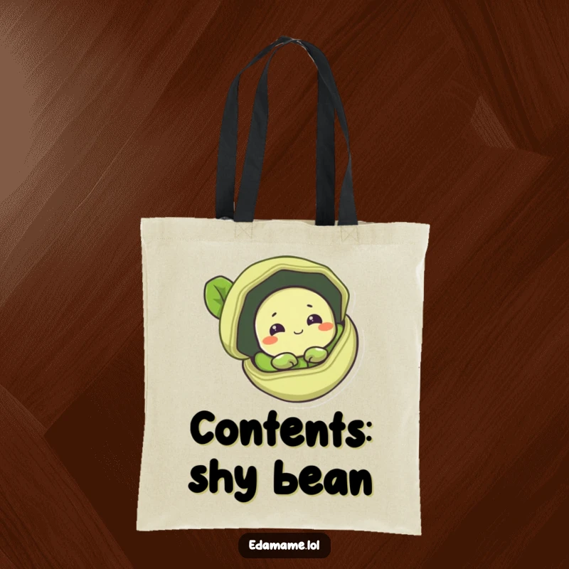 Funny tote bag showcasing a timid edamame bean peeking from an open pod, perfect for everyday use.
