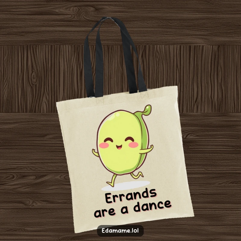 Funny smiling edamame pod with little legs happily skipping, on a tote bag, perfect for carrying items with a cheerful vibe.