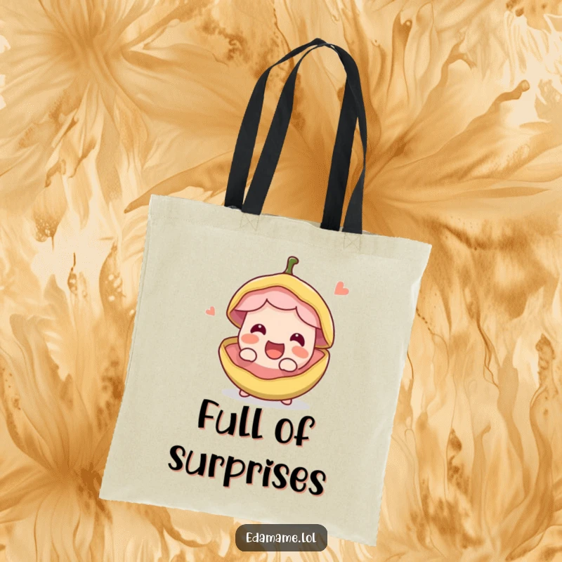 Funny happy edible bean pod splitting open with excitement, printed on a practical tote bag. Great for shopping and carrying funny style.