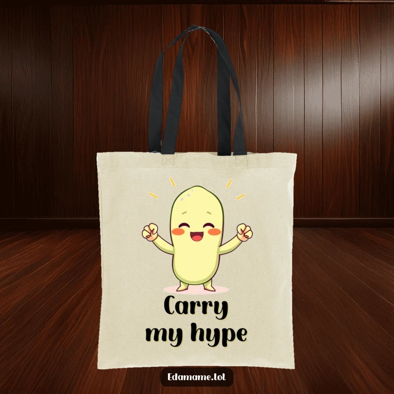 Funny cheering edamame bean tote bag, showing a small green bean character with tiny fists raised in a triumphant cheer.