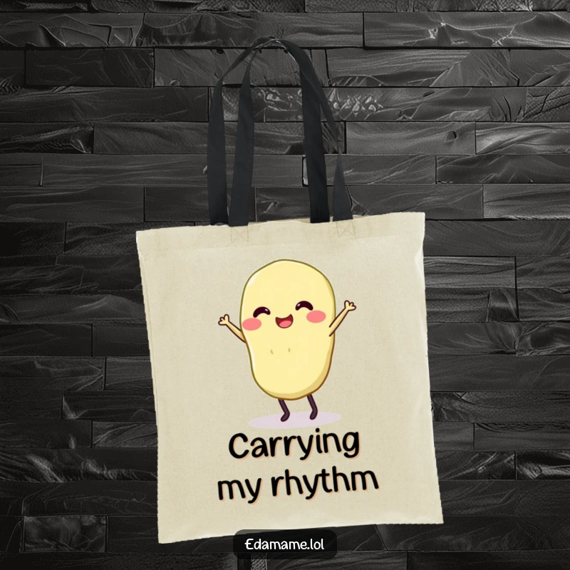 Funny tote bag with a smiling edamame with legs dancing, great for carrying items happily.