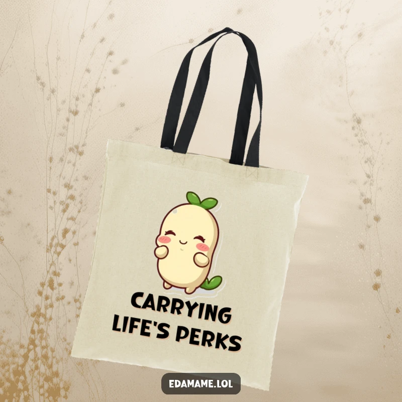 Funny smiling edamame bean doing a respectful bow on a durable tote bag. Stylish and functional, great funny gift for the refined.