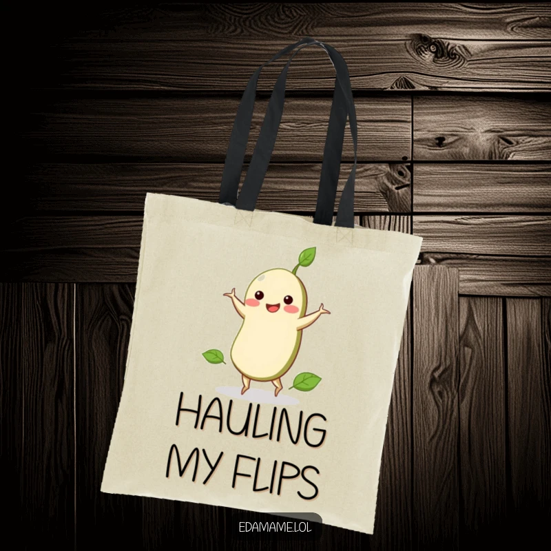 Funny tote bag showcasing an edamame bean with a smile doing a cartwheel, perfect for carrying essentials with humor.