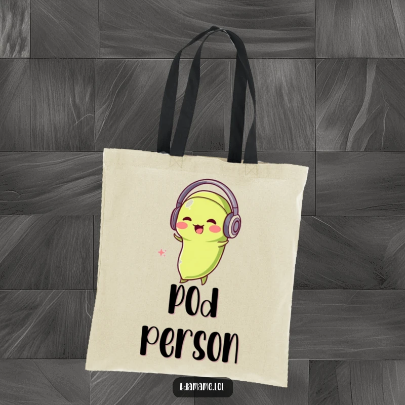 Funny Edamame DJ Tote Bag featuring a cheerful edamame bean with headphones, bobbing its head joyfully.