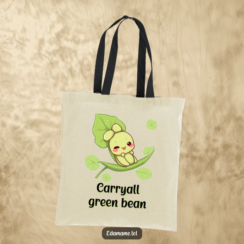 Funny tote bag featuring a cute edamame character enjoying a leaf slide, perfect for carrying groceries with a smile.