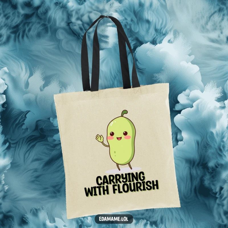 Funny wobbly edamame pod with stick legs doing a comical curtsey, on a tote bag, perfect for carrying items with a touch of humor.