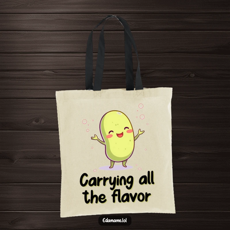 Funny tote bag with a cheerful edamame bean juggling salt crystals, perfect for carrying groceries or essentials with a culinary twist.