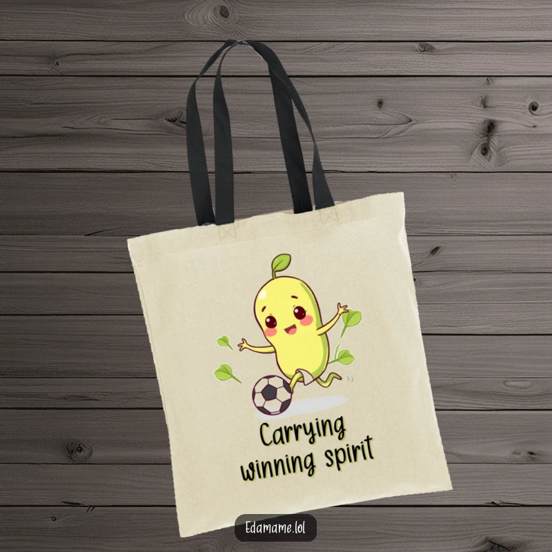 Funny tote bag illustration of a happy edamame bean kicking a tiny soccer ball, ready for action.