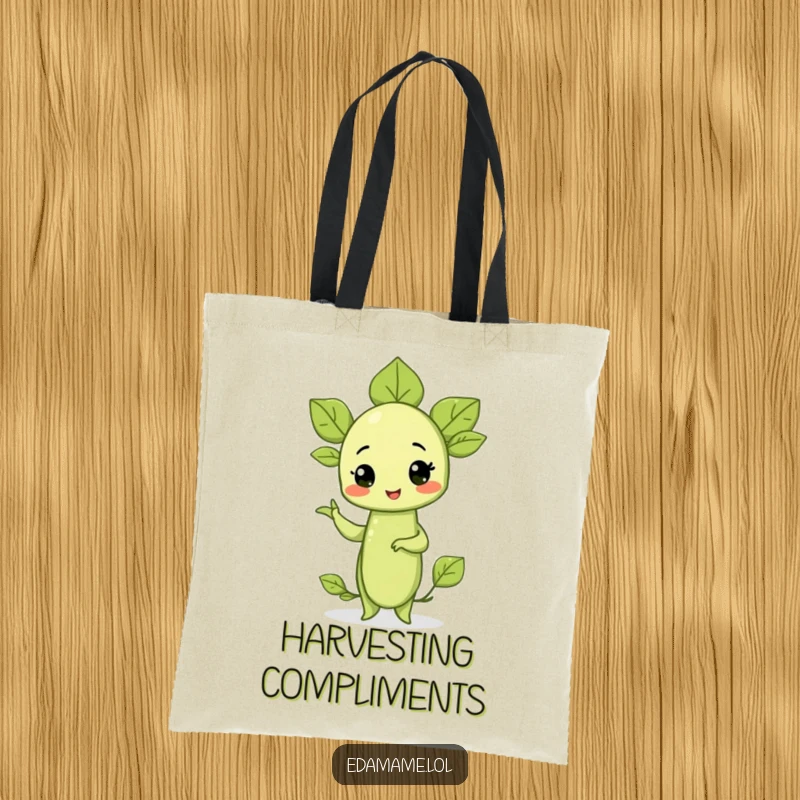 Funny tote bag with a proud edamame sprout striking an athletic pose, perfect for carrying items with a humorous, healthy twist.