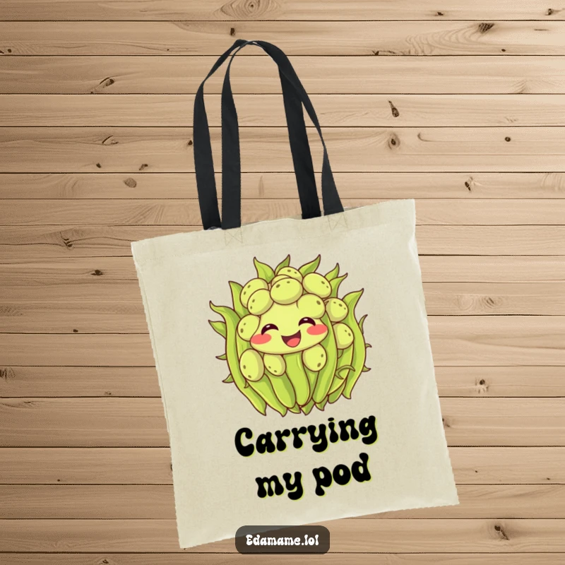 Funny edamame tote bag featuring a smiling cluster of green beans wiggling with delight, ideal for a humorous and practical accessory.
