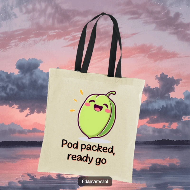 Funny Edamame Tote Bag featuring a happy, giggling green pod, perfect for cheerful grocery runs.