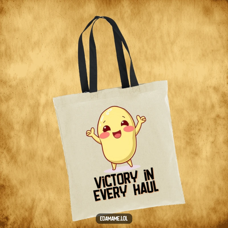 Funny tote bag with a joyful edamame pod character performing a victory dance, perfect for celebrating everyday wins in style.