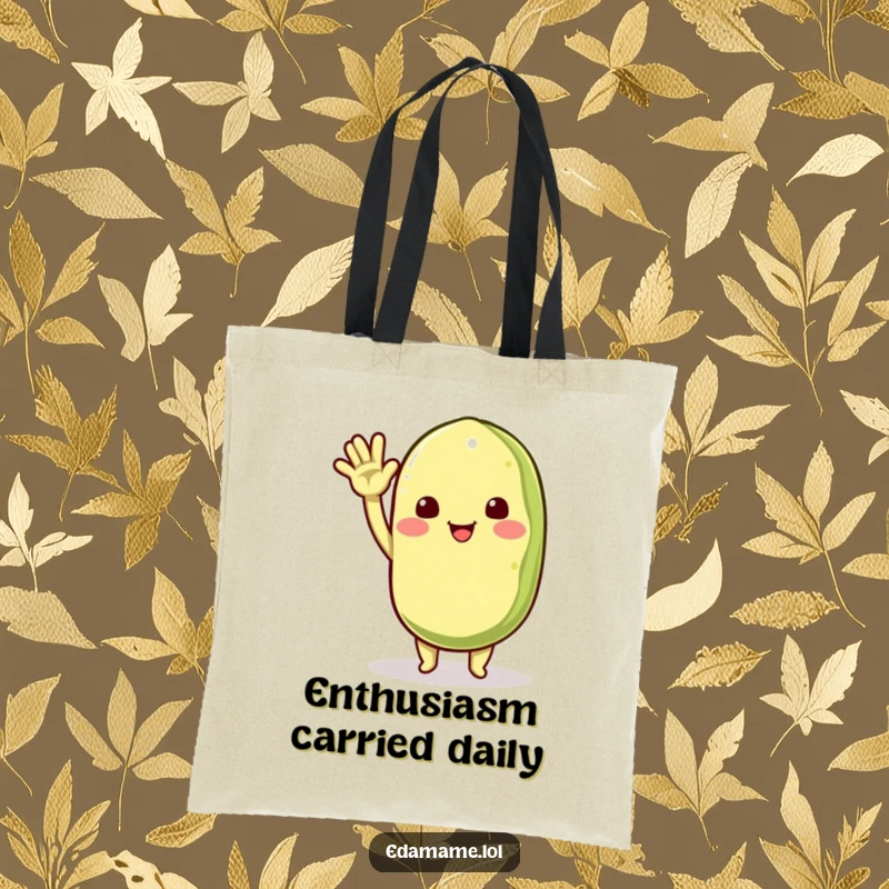 Funny tote bag with a smiling edamame pod character waving energetically, perfect for carrying items and spreading warm greetings.