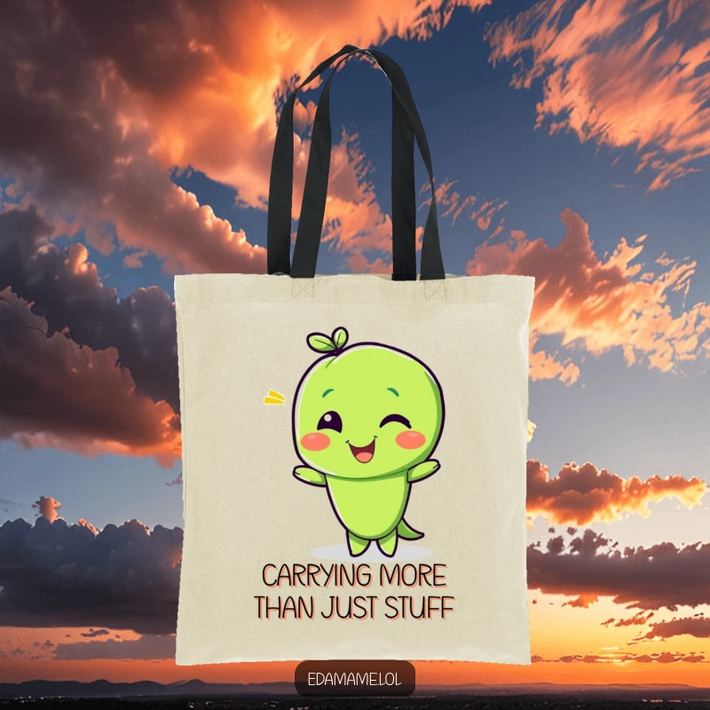 Funny tote bag with a delighted edamame bean character giving a playful wink, perfect for carrying items with a touch of knowing humor.